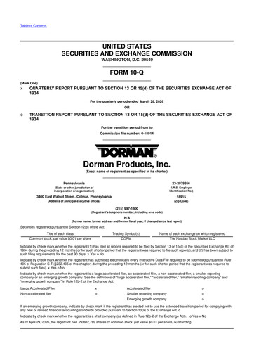 Thumbnail Dorman Products 10-Q Quarterly Report FY 