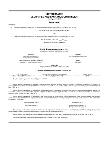 Thumbnail Ionis Pharmaceuticals
 10-Q Quarterly Report FY2019 