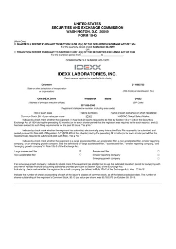 Thumbnail IDEXX Laboratories 10-Q Quarterly Report FY2019 
