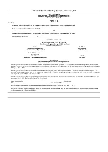 Thumbnail BOK Financial 10-Q Quarterly Report FY2010 