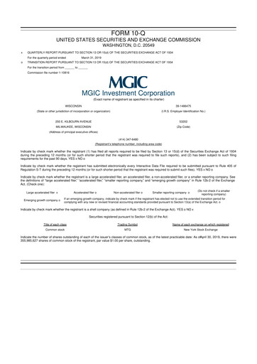 Thumbnail MGIC Investment
 10-Q Quarterly Report FY2019 
