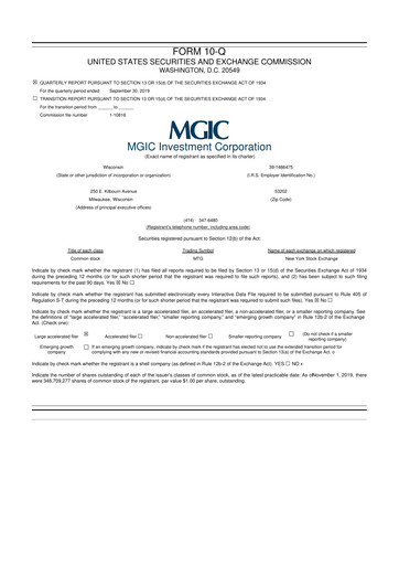 Thumbnail MGIC Investment
 10-Q Quarterly Report FY2019 