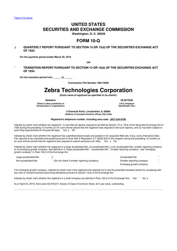 Thumbnail Zebra Technologies 10-Q Quarterly Report FY2019 