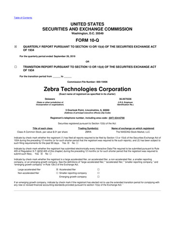 Thumbnail Zebra Technologies 10-Q Quarterly Report FY2019 