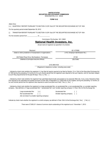 Thumbnail National Health Investors 10-Q Quarterly Report FY2012 