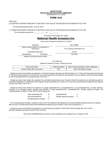 Thumbnail National Health Investors 10-Q Quarterly Report FY2019 