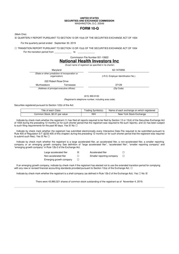 Thumbnail National Health Investors 10-Q Quarterly Report FY2019 