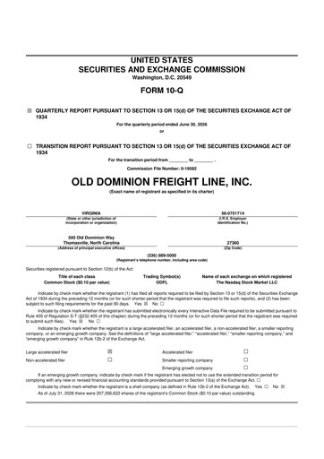 Miniature Old Dominion Freight Line
 10-Q Rapport trimestriel 2026 