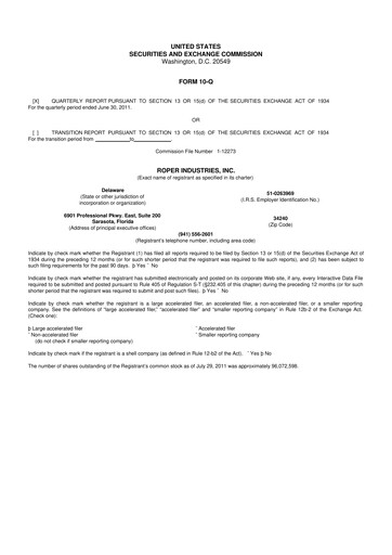 Thumbnail Roper Technologies 10-Q Quarterly Report FY2011 