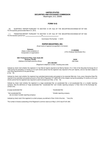 Thumbnail Roper Technologies 10-Q Quarterly Report FY2012 