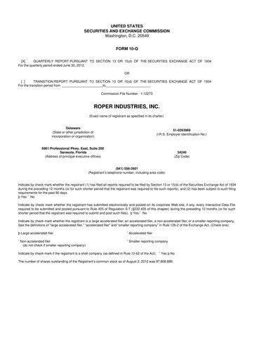 Thumbnail Roper Technologies 10-Q Quarterly Report FY2012 