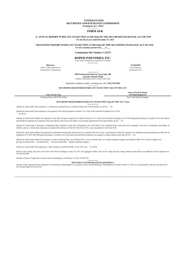 Vorschaubild Roper Technologies 10-K Jahresbericht 2013