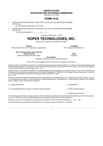 Thumbnail Roper Technologies 10-Q Quarterly Report FY2018 