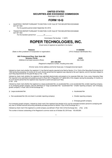 Thumbnail Roper Technologies 10-Q Quarterly Report FY2018 