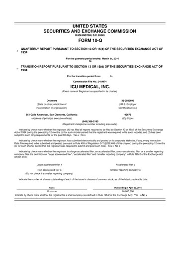 Miniature ICU Medical
 10-Q Rapport trimestriel 2016 