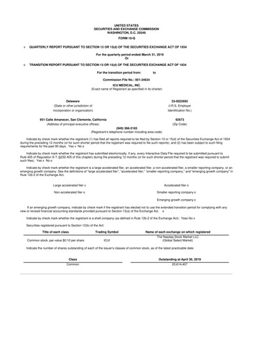 Miniature ICU Medical
 10-Q Rapport trimestriel 2019 