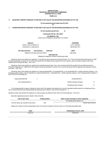 Miniature ICU Medical
 10-Q Rapport trimestriel 2019 