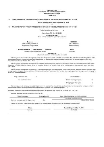 Miniature ICU Medical
 10-Q Rapport trimestriel 2019 