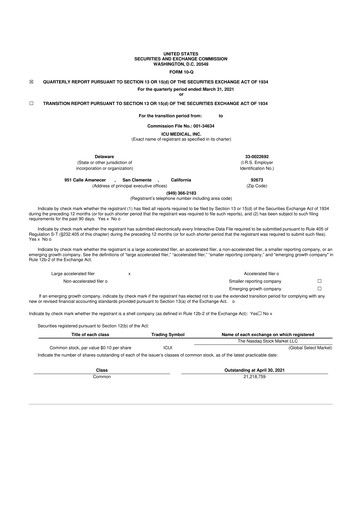 Miniature ICU Medical
 10-Q Rapport trimestriel 2021 
