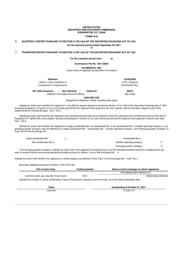 Miniature ICU Medical
 10-Q Rapport trimestriel 2021 