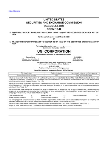 Miniature UGI Corporation
 10-Q Rapport trimestriel  
