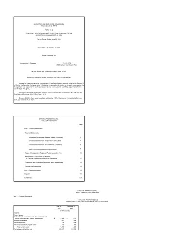 Miniature Stratus Properties 10-Q Rapport trimestriel  