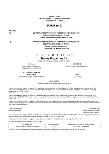 Miniature Stratus Properties 10-Q Rapport trimestriel  