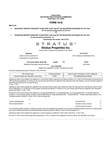 Miniature Stratus Properties 10-Q Rapport trimestriel  