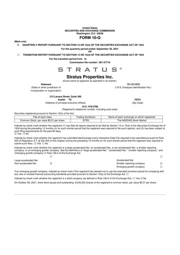 Miniature Stratus Properties 10-Q Rapport trimestriel  
