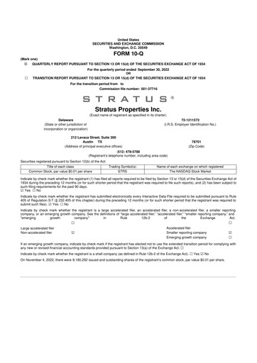 Miniature Stratus Properties 10-Q Rapport trimestriel  