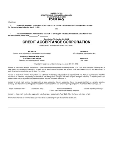 Miniature Credit Acceptance
 10-Q Rapport trimestriel 2012 