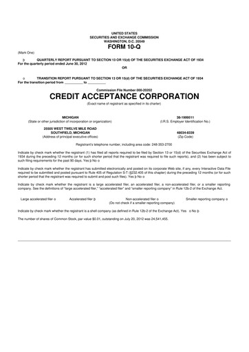 Miniature Credit Acceptance
 10-Q Rapport trimestriel 2012 