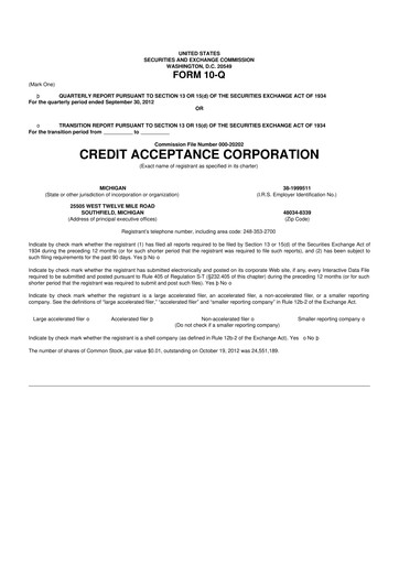 Miniature Credit Acceptance
 10-Q Rapport trimestriel 2012 