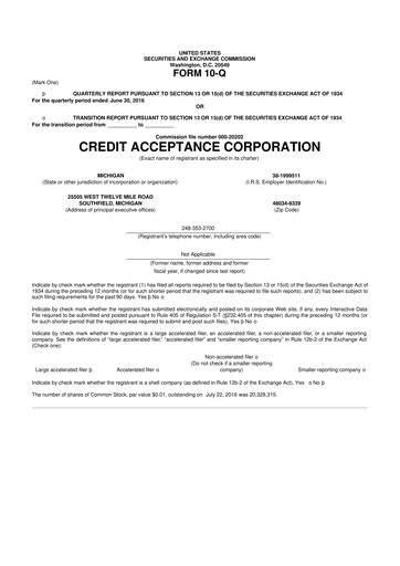 Miniature Credit Acceptance
 10-Q Rapport trimestriel 2016 