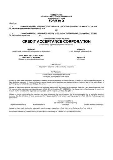 Miniature Credit Acceptance
 10-Q Rapport trimestriel 2016 
