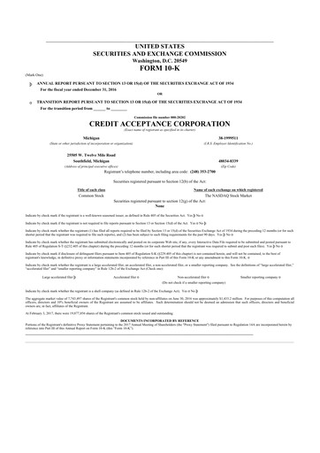 Thumbnail Credit Acceptance
 10-K Annual Report 2016