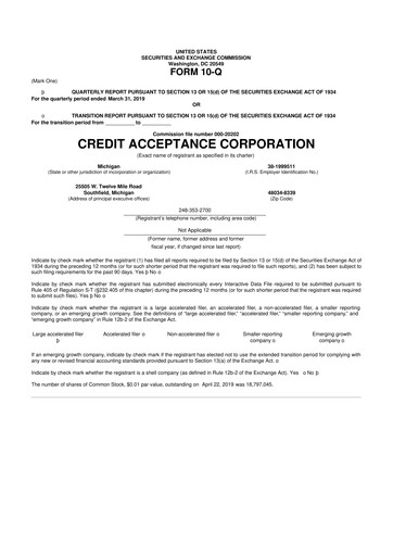 Miniature Credit Acceptance
 10-Q Rapport trimestriel 2019 
