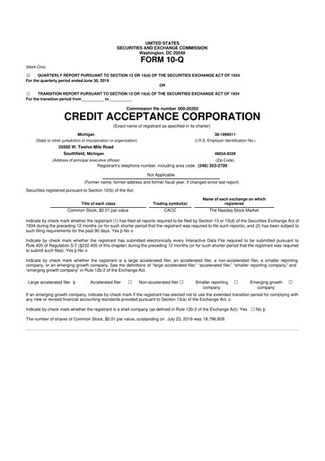 Miniature Credit Acceptance
 10-Q Rapport trimestriel 2019 
