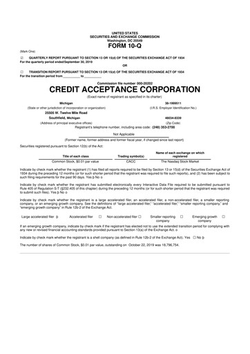 Miniature Credit Acceptance
 10-Q Rapport trimestriel 2019 