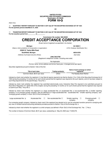 Miniature Credit Acceptance
 10-Q Rapport trimestriel 2020 