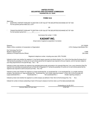 Thumbnail Kadant 10-Q Quarterly Report FY2011 