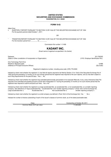 Thumbnail Kadant 10-Q Quarterly Report FY2011 