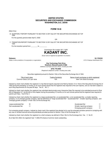 Thumbnail Kadant 10-Q Quarterly Report FY 