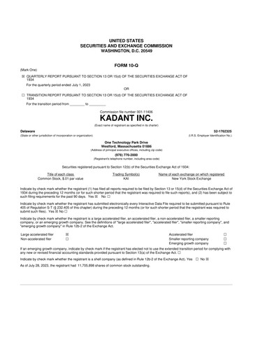 Thumbnail Kadant 10-Q Quarterly Report FY 