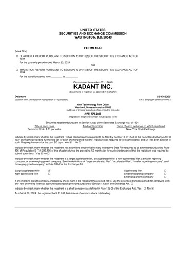 Thumbnail Kadant 10-Q Quarterly Report FY 