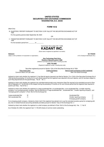 Thumbnail Kadant 10-Q Quarterly Report FY 