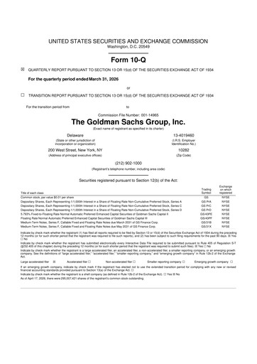 Thumbnail Goldman Sachs 10-Q Quarterly Report FY 