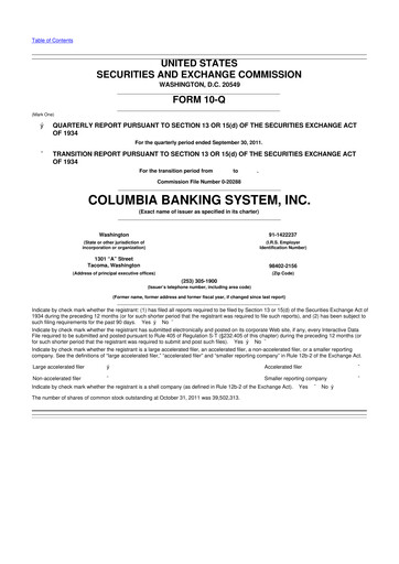 Thumbnail Columbia Banking System 10-Q Quarterly Report FY2011 