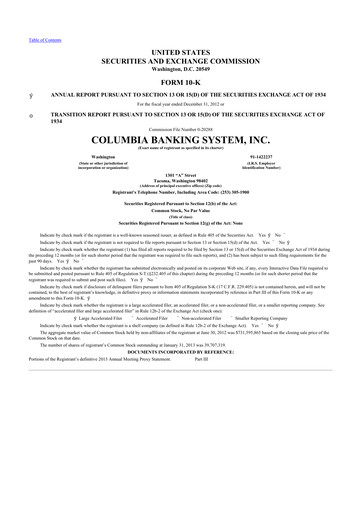 Thumbnail Columbia Banking System 10-K Annual Report 2012