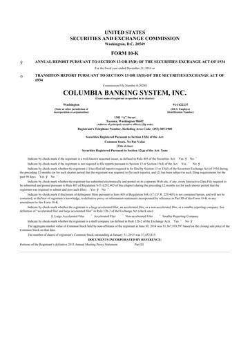 Thumbnail Columbia Banking System 10-K Annual Report 2014